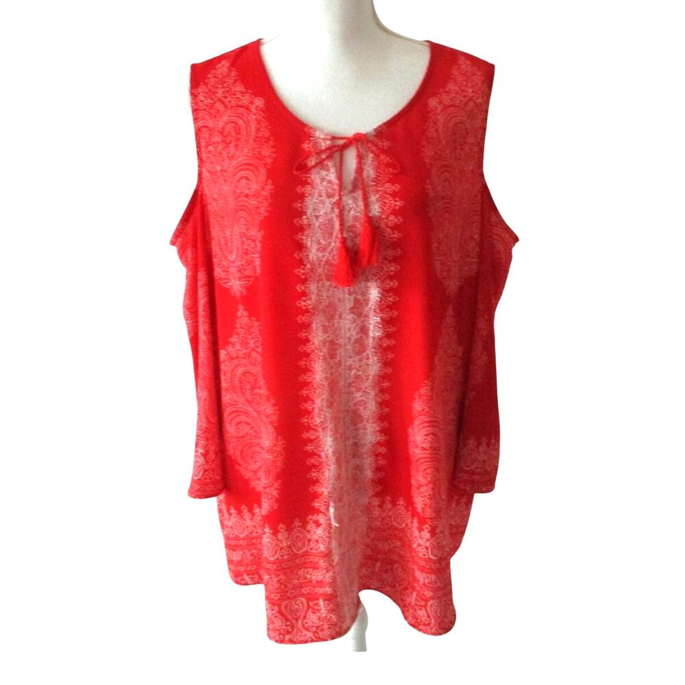 CJ Banks Women's Plus Red Paisley Print Peek A Boo Shoulder 3/4 Sleeve Shirt 2X
